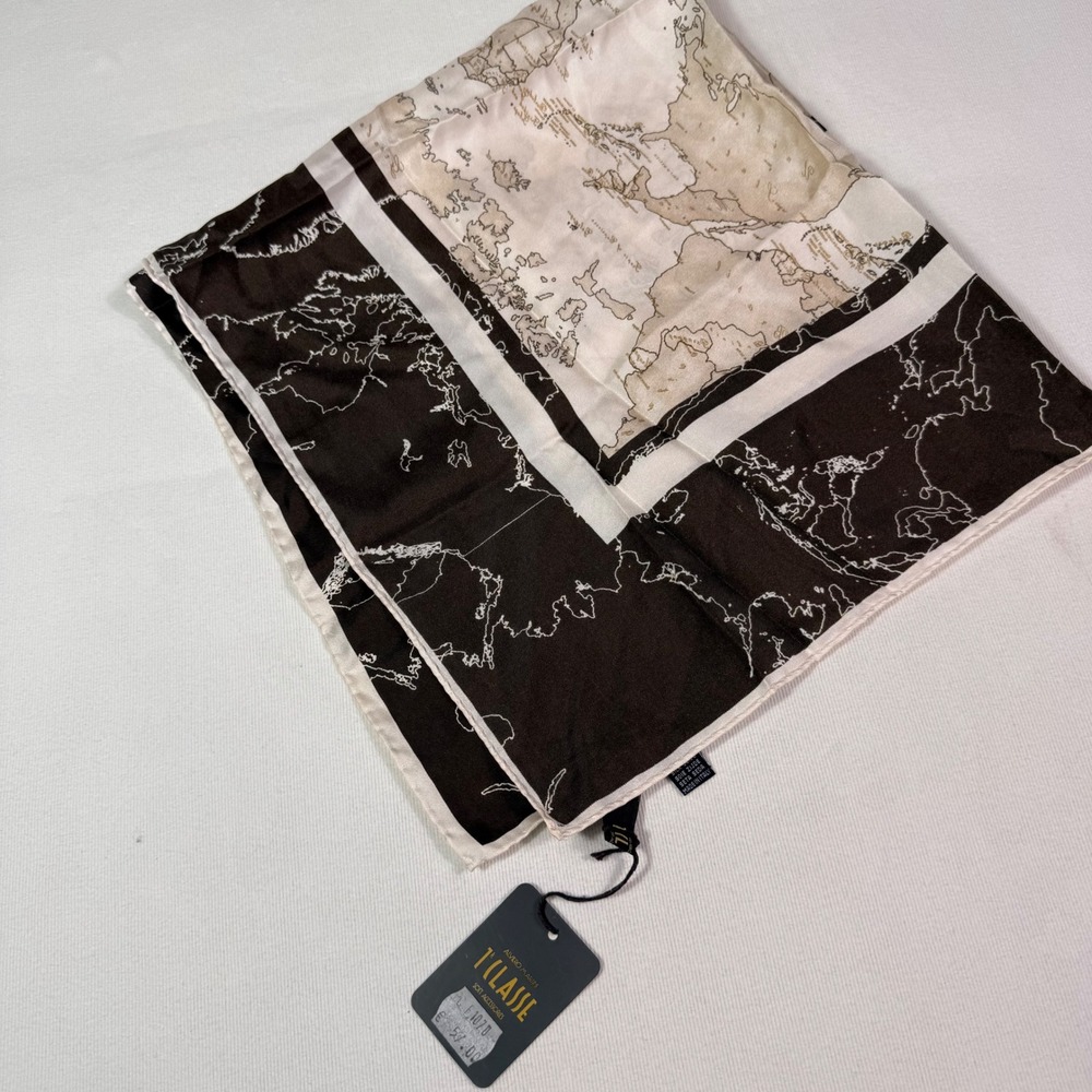 Alviero Martini 1A Classe Scarf OS Brown Geo Map Print 100% Silk Made in Italy - Picture 8 of 10